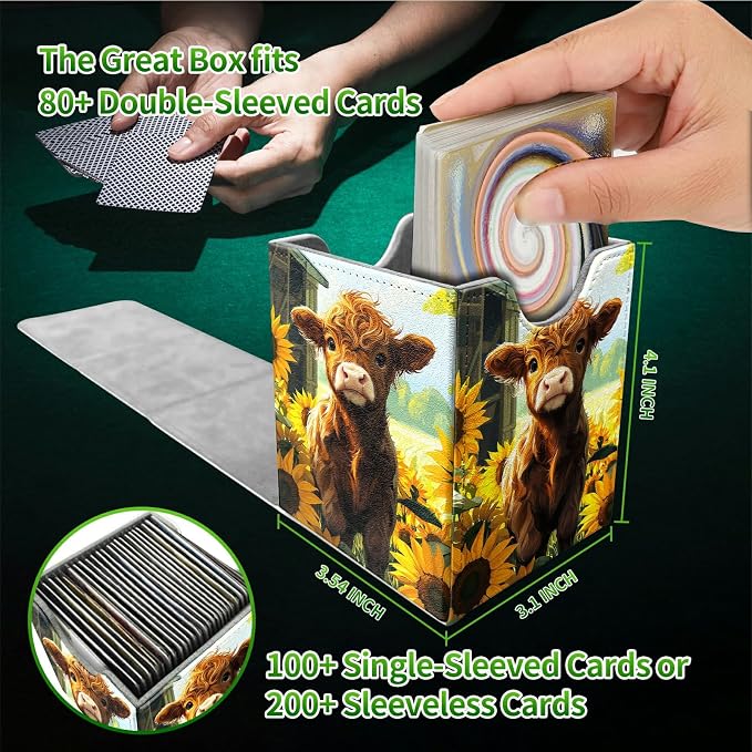 Sunflower Baby Cow Card Deck Box for MTG, Personalized Card Storage Case Fits 120+ Sleeved Cards, Premium Leather TCG Box with Strong Magnetic Closure for Magic, CCG, PTCG, Baseball Cards