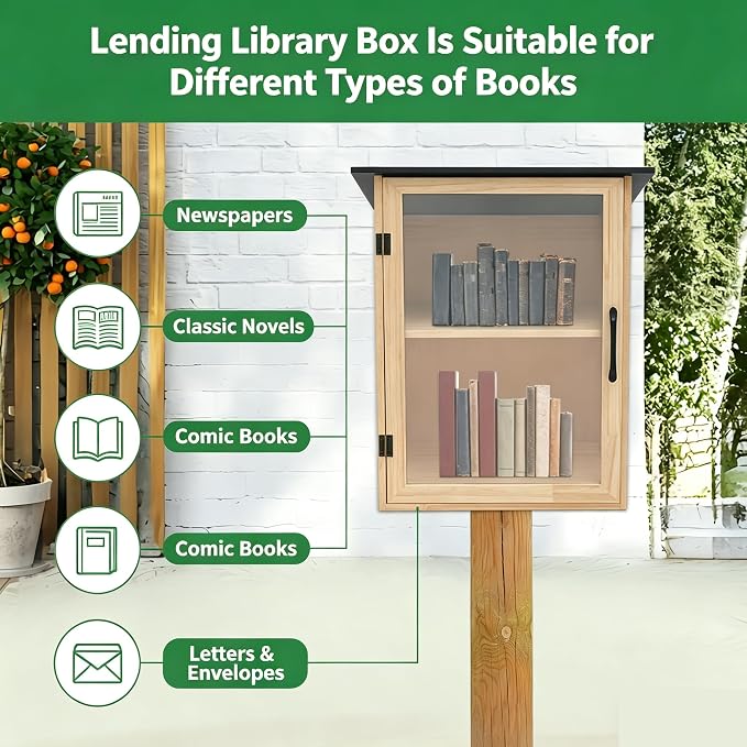 Little Outdoor Library Box, 2-Tier Waterproof Free Library Wooden Cabinet, 15.7 x 11 x 22.4 Inch Small Storage Box for DIY, Neighbourhoods, Communities and Kids to Share Books, Magazines, Artworks
