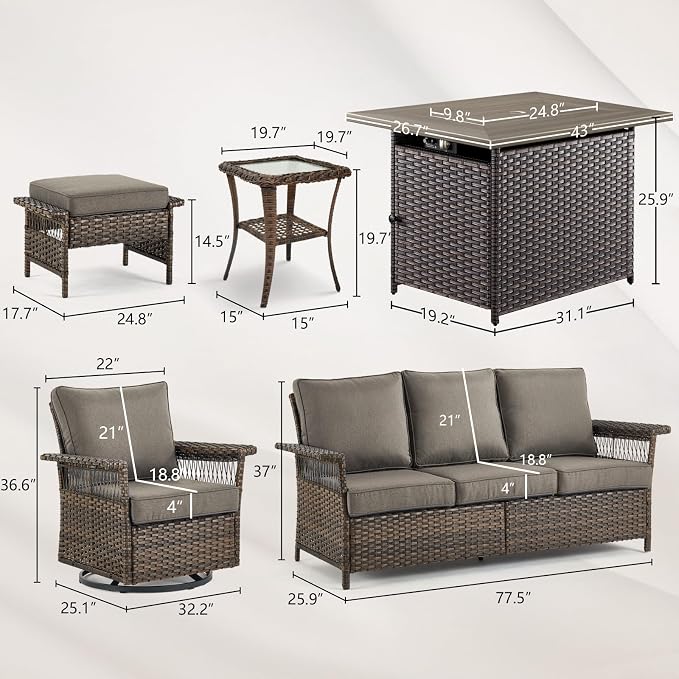 Patio Furniture Set with Fire Pit Table, 7PCS Patio Conversation Set Brown Resin Wicker Swivel Patio Chair Sofa Ottoman Set with Side Table and Fire Table PE Rattan Furniture Set