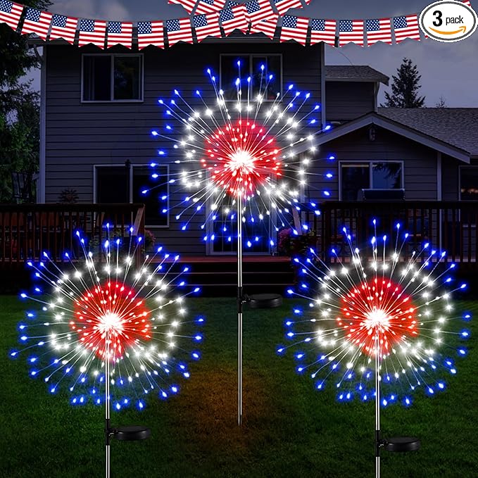 Tujoe 3 Pcs 4th of July Solar Firework Lights Patriotic Solar Light Outdoor Garden 120 LED 8 Modes Waterproof LED Sparkler Light for 250th Anniversary Patio Yard Pathway Walkway (Colorful)