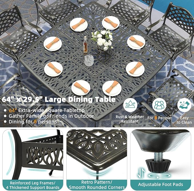 MEETWARM 9-Piece Outdoor Furniture Dining Set for 8, All Weather Cast Aluminum Patio Dining Set- Large 64" Square Table and 8 Chairs, Patio Table and Chairs Set for Garden, Umbrella Hole, Dark Bronze