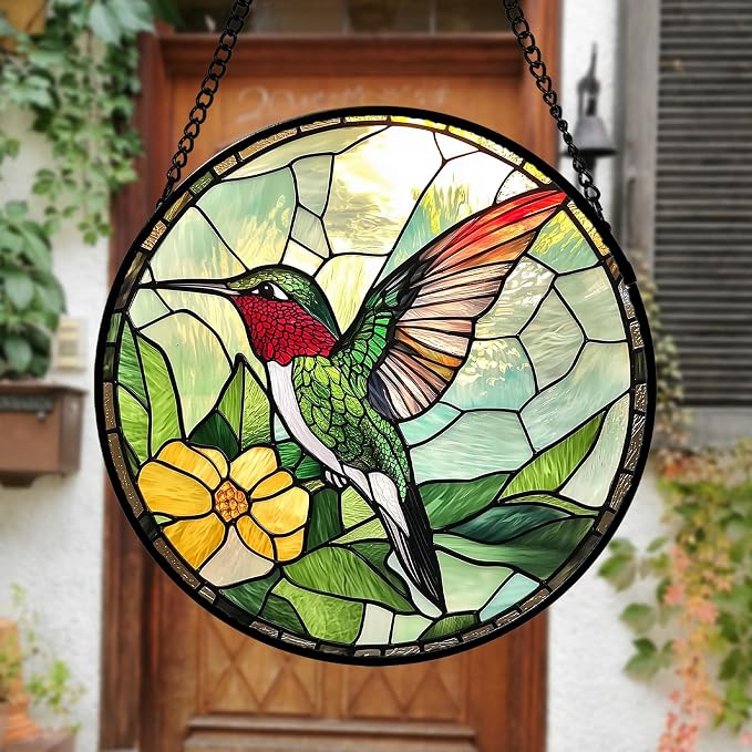 Stained Glass Window Hanging, Green Hummingbird Sun Catcher for Door Home Decor, Birds Suncatcher Christmas Mother's Day Birthday Gifts for Bird Lovers Women Men Mom and Nana 11.8 in