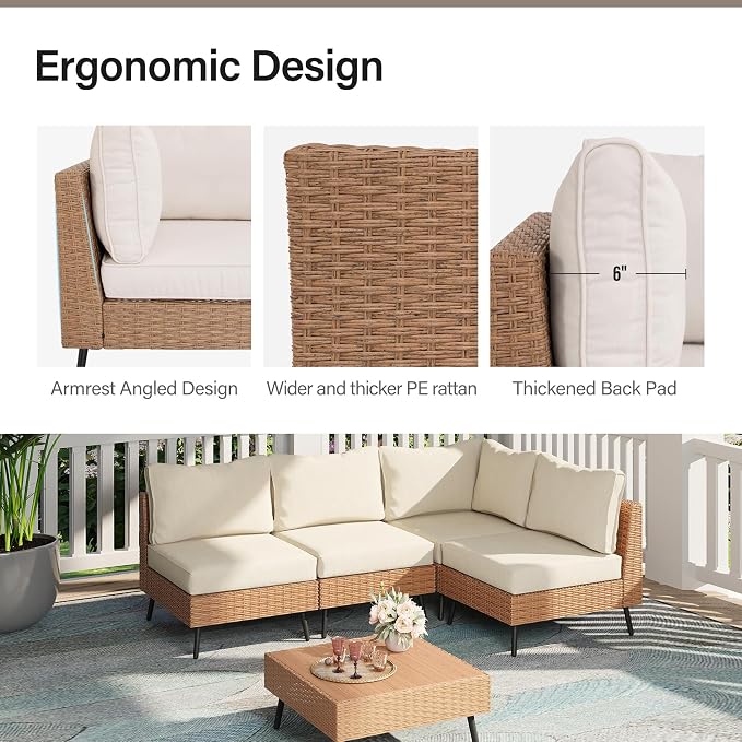 LAUSAINT HOME Outdoor Patio Furniture, 5 Piece Outdoor Sectional Sofa PE Rattan Wicker Patio Conversation Sets, All Weather Patio Furniture Set with Thick Cushions for Garden, Backyard(Beige)