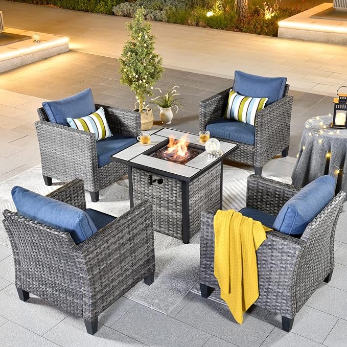 ovios 5 Pieces Patio Furniture Set, Outdoor Wicker Rattan Chairs of 4 with 30" Fire Pit Table, High Back Chair Conversation Sets for Porch Deck Garden, Denim Blue