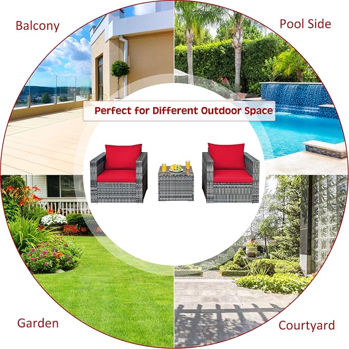 COSTWAY 3-Piece Patio Furniture Set, Outdoor Wicker Rattan Sofa with Cushions and Coffee Table, Conversation Chair Set for Poolside Backyard Balcony Lawn (Red)