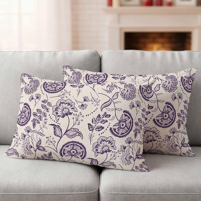 Outdoor Pillow Covers 20x12 Set of 2, Purple Spring Floral Waterproof Patio Throw Pillow Covers for Couch Sofa Chair, Summer Botanical Farmhouse Decorative Pillowcases for Throw Pillows