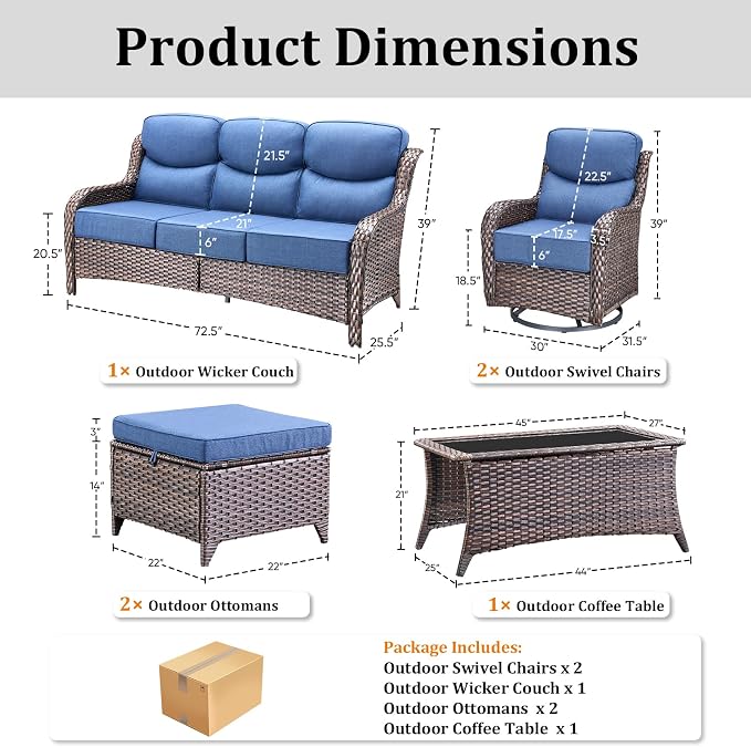 Luxury High Back Patio Furniture Set with 6-Inch Thick Cushions, 6-Pieces Outdoor Furniture with Swivel Chairs, Wicker Conversation Set for Porch, Balcony, Deck and Yard, Brown/Blue