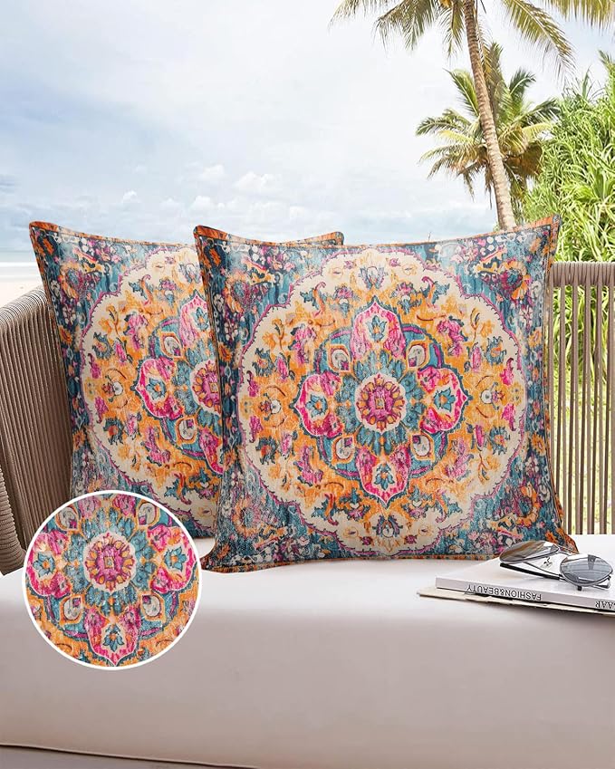Prime Leader Outdoor Waterproof Pillow Covers Set of 2, Geometric Abstract Carpet Flowers Pattern Pink Patio Throw Pillow Covers, Decorative Cushion Case for Couch Sofa Furniture Garden, 18x18 Inch