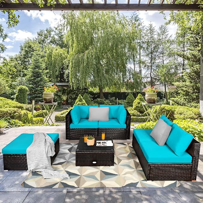 Tangkula 6 Piece Patio Furniture Set, Outdoor Deck Lawn Backyard Durable Steel Frame PE Rattan Wicker Sectional Sofa Set, Conversation Set with Coffee Table (Turquoise)