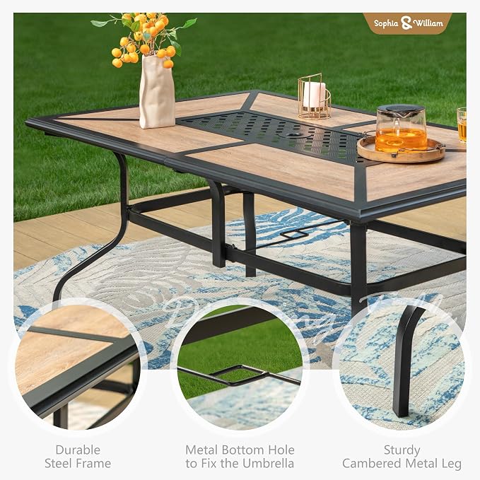 Sophia & William Patio Set with Umbrella Outdoor Dining Set for 6 with 13ft Umbrella Beige, 6 x Patio Chairs Brown, 1 Wood Like Outdoor Dining Table for Deck Lawn Garden (No Umbrella Base)