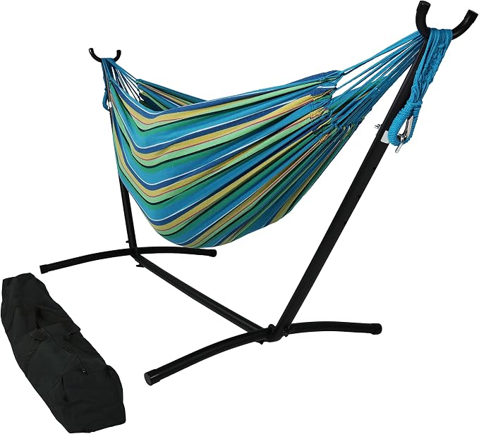 Sunnydaze Double Brazilian Hammock with Stand and Carrying Case - 400-Pound Capacity - Black Stand - Sea Grass