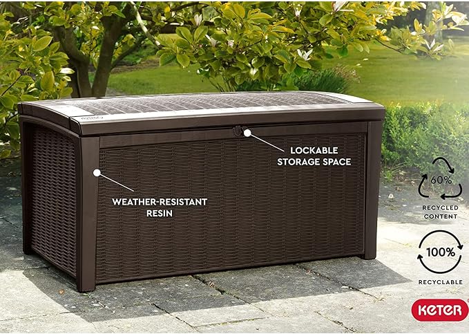 Keter 2-Pack Borneo 110 Gallon Deck Box Organizer, Doubles as 2-Person Bench Seat, Brown – Large Resin Outdoor Storage and Seating with Lockable Lid for Garden, Pool, and Patio