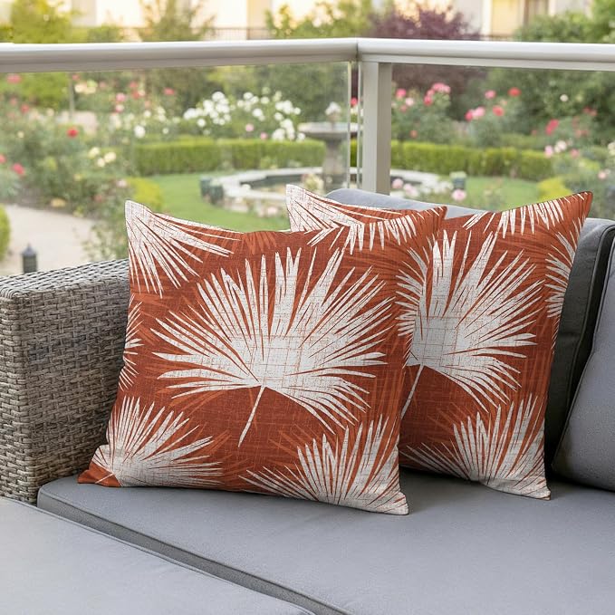 Throw Pillow Covers 18x18 Inch Set of 2, Burnt Orange Palm Leaves Waterproof Outdoor Pillow Covers, Summer Tropical Botanical Decorative Cushion Pillowcases for Couch, Sofa, Bed, Garden, Patio