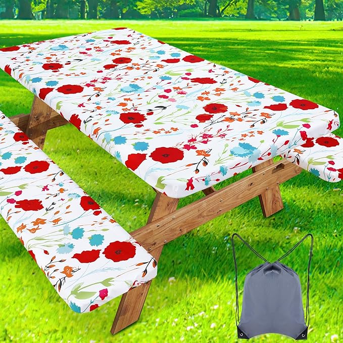 misaya Picnic Table Cover with Bench Cover, Waterproof Elastic Fitted Tablecloth for 5 Foot Tables, Rectangle Washable Polyester Fabric Tablecloths for Picnic, Camping, Outdoor (Flower, 30" x 60")