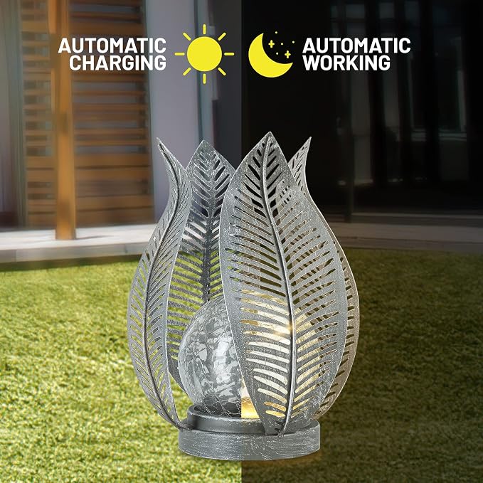 Solar Lights Outdoor Waterproof Garden Decor Crackle Glass Globe,Metal Yard Art Solar Outdoor Lights for Table Decor Porch,Patio Decorations.Gardening Gifts for Women/Mom