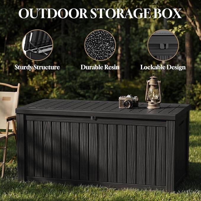 ROJIK 150 Gallon Outdoor Storage Box Waterproof,Weatherproof Deck Boxes Outdoor Lockable,Resin Outside Storage Box for Garden Tools,Cushions,Pool Accessories(Black,150 Gal)