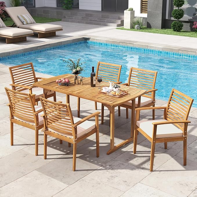 HAPPYGRILL 7 Pieces Acacia Wood Outdoor Dining Set for 6 People, Patio Table & Chair Set with Umbrella Hole, Outside Picnic Furniture