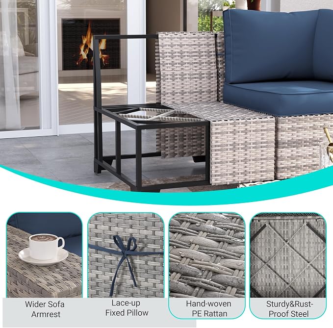 6-Piece Outdoor Patio Furniture Set Wicker Rattan Sectional Sofa Set, Patio Conversation Set with Thickened Cushions & Coffee Table for Garden, Backyard, Navy Blue