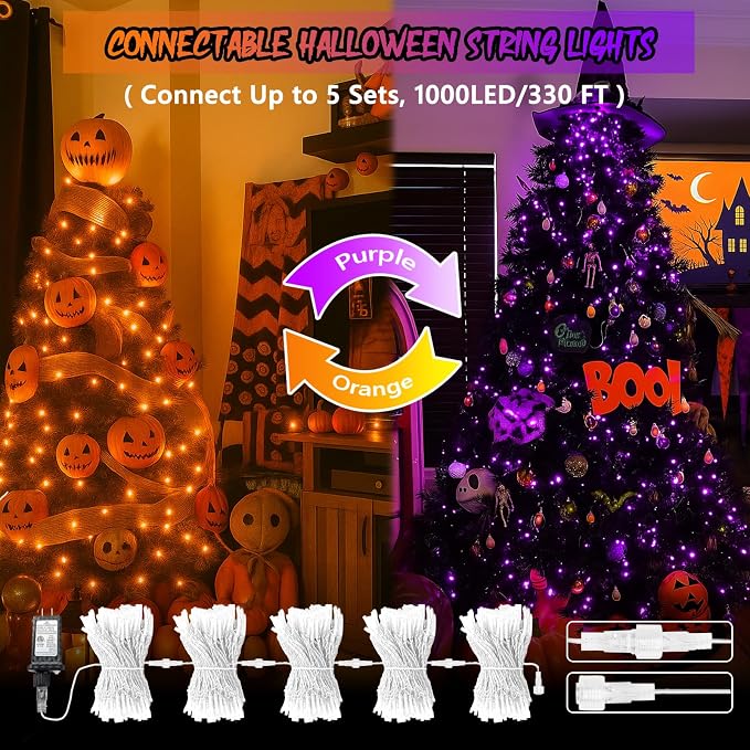 200 LED Connectable String Lights with Remote, Halloween Lights Outdoor | Orange to Purple, 11 Modes, Timer, 66FT Clear Wire Waterproof Color Changing Twinkle Fairy Lights for Bedroom Xmas Tree Decor