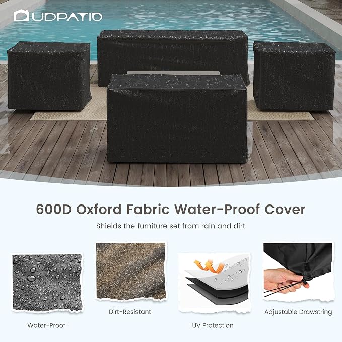 UDPATIO Aluminum Patio Furniture Set, Faux Wood Grain Modern Outdoor Furniture, 6" Cushions Metal Patio Conversation Sofa with Coffee Table for Poolside Deck, 8 PCS, Beige(Include 600D Covers)