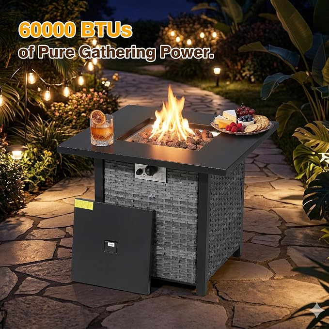 5 Piece Patio Furniture Set With Fire Pit Table,360°Swivel Glider Patio Chairs Set of 2,Cozy 60,000 BTU Square Fire Pit Table,2 Sofas,All-Weather Wicker Outdoor Patio Set With 6 Inch Thick Cushions
