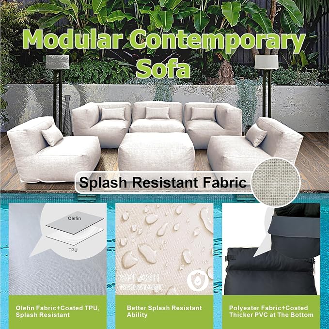 ANNYH CALALUNA 6Pc PATIO Furniture Sectional Conversation Set. Combines 3Middle, 2Corner, 1Ottoman/Coffee OUTDOOR Exp Foam Filled CHAIRS UNIQUE Modular Contemporary Sofa for Pool Garden (Light Beige)