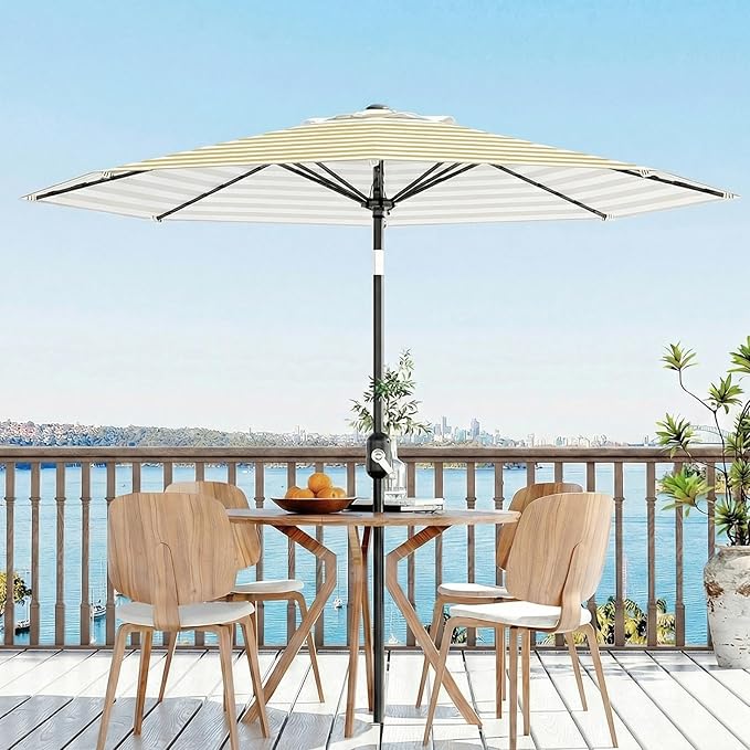 Garvee 10 ft Outdoor Patio Umbrella 8 Sturdy Ribs Outdoor Table Umbrella with Crank Lift & Push Button Tilt UV Protection Waterproof Market Umbrellas for Pool Deck Yard Garden Tan & White Stripes