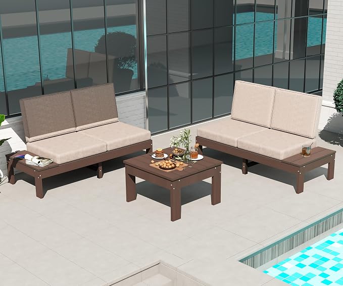Domi HDPE Outdoor Patio Sofa Set, 3-Piece Modern Conversation Set with Left & Right Sofas, Cushioned Sectional Seating and Coffee Table for Backyard, Porch, Deck & Garden,Brown