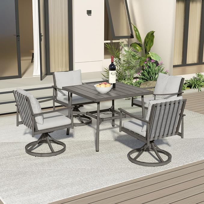 5-Piece Outdoor Dining Set - Aluminum Patio Dining Set with Removable Cushions,4 Swivel Chairs with Rope Backrest, Square Table with Umbrella Hole,Rustproof for Lawn Porch Yard,Grey