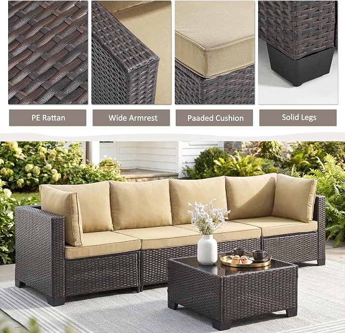 ANJ 7 Piece Outdoor Wicker Patio Furniture Set, Modular Loveseat Sofa with with Glass Top Coffee Table, All-Weather Rattan Conversation Couch Set for Balcony, Backyard, Dark Brown Wicker-Camel