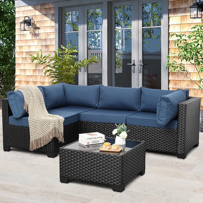 WAROOM Outdoor 5 Piece Patio Furniture Set, Black Rattan Conversation Couch Resin Wicker Sectional Sofa Outside Chair with Coffee Table, Navy Blue Cushion