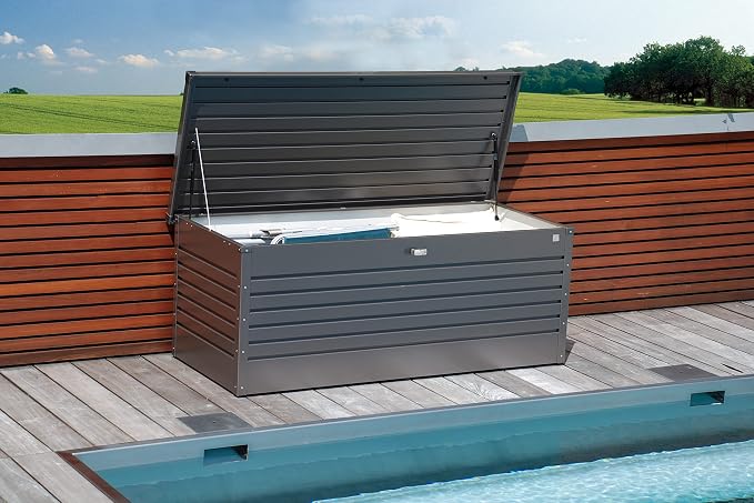 Biohort Leisure Time 210 Gallon Metal Deck Box, Dark Gray | 71 L x 31 W x 27.9 H, Durable Large Outdoor Storage, Locking, Waterproof, Soft Close, Tools, Cushions, Pool, 20 Year Warranty