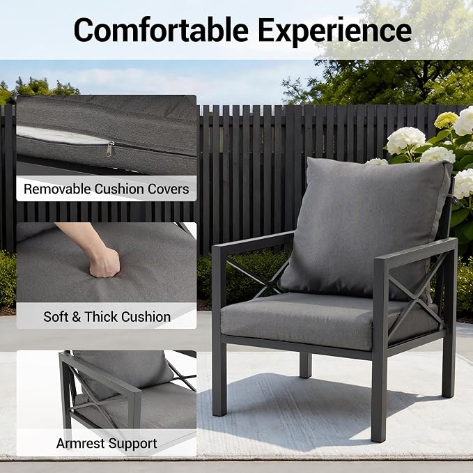 4-Piece All-Weather Metal Patio Furniture Set, Sectional Conversation Sofa w/Coffee Table, Heavy Duty Steel Frame & Washable Cushions for Backyard Garden (Grey, Furniture Set（X-Shaped）)