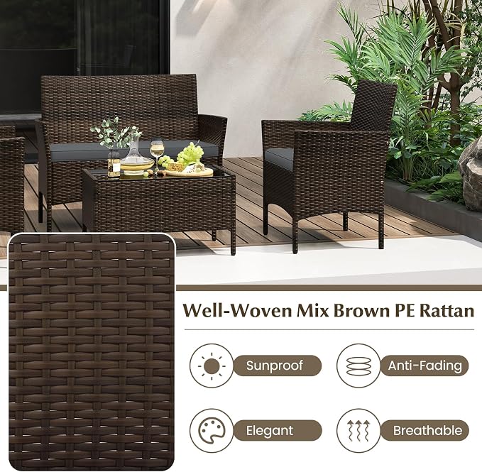 Tangkula 4 Piece Patio Rattan Conversation Set, Outdoor Wicker Furniture Set with Chair, Loveseat & Tempered Glass Table, Cozy Seat Cushions, Outside Sectional Sofa Set for Backyard, Porch (1,Grey)
