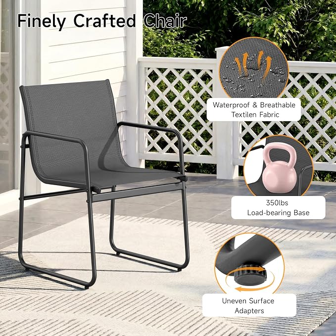 ONBRILL 7 Piece Patio Dining Set for 6, Modern Rectangular Glass Top Steel Table with 6 Breathable Textilene Chairs, Easy Assembly All-Weather Design for Lawn, Backyard, Poolside & Gatherings, Black