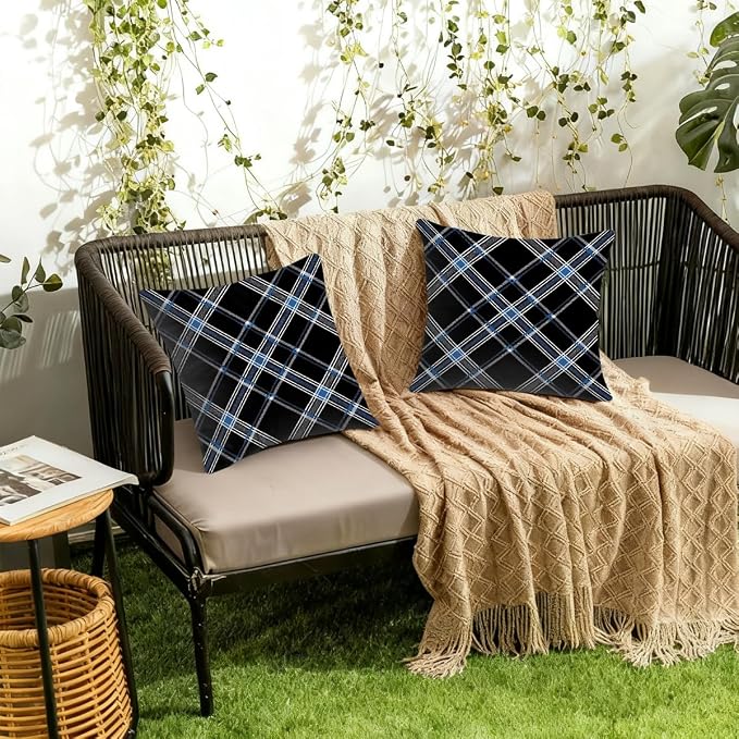 18x18 Inch Outdoor Pillow Covers Set of 2 Waterproof Throw Pillow Covers Decorative Couch Cushion Covers Black Checkered Grey Square Pillowcases Protectors for Patio Garden Sofa