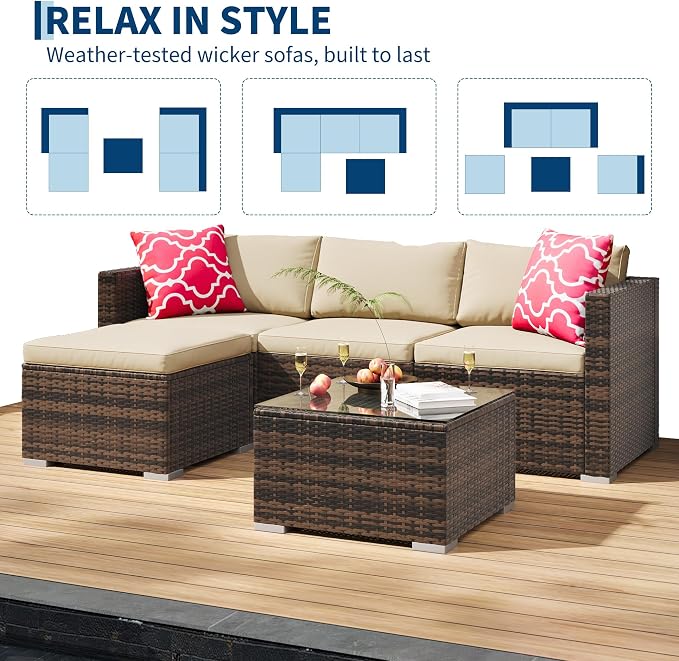 5-Piece Outdoor Sectional Sofa Set, All-Weather PE Rattan Patio Furniture with Ottoman & Tempered Glass Table, Convertible Garden Couch for Backyard, Porch, Poolside (Brown/Khaki)