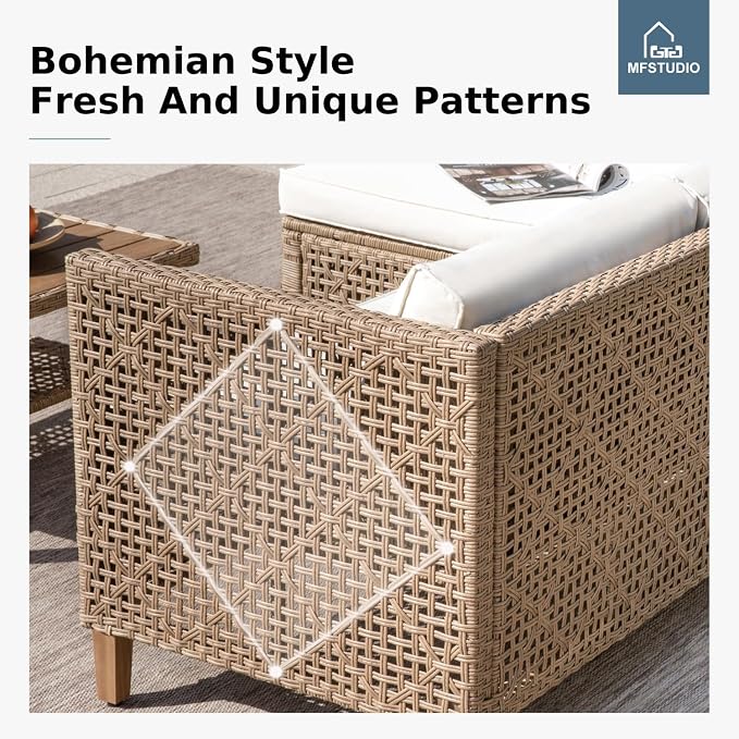 MFSTUDIO L Shaped Outdoor Couch Set, Wicker Patio Furniture Set, Rattan Outdoor Sectional Sofa with Acacia Wood Coffee Table, 3 Pieces Small Patio Conversation Set for Backyard, Beige
