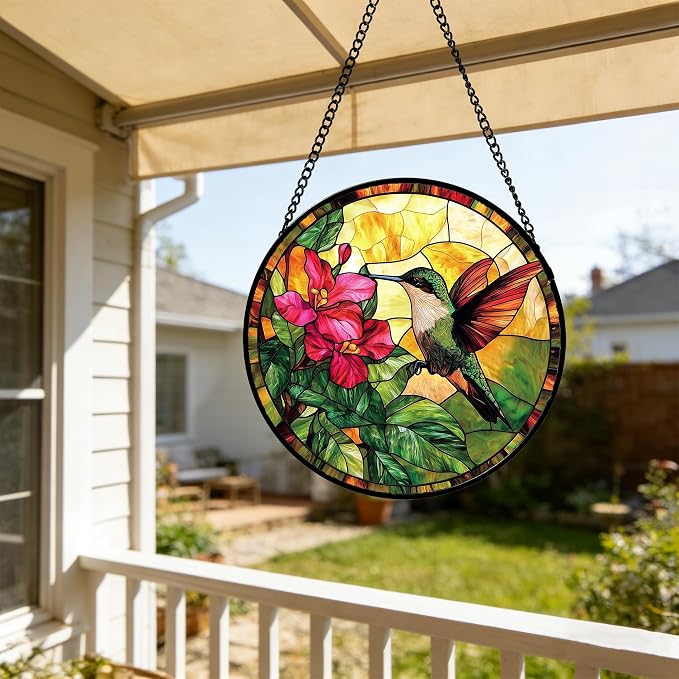 Stained Glass Suncatcher, Hummingbird Red Flowers Green Leaves Sun Catcher Stain Glass Window Hanging Decoration Mother's Day Birthday Gifts for Bird Lover Women Men Mom Nana 11.8 in