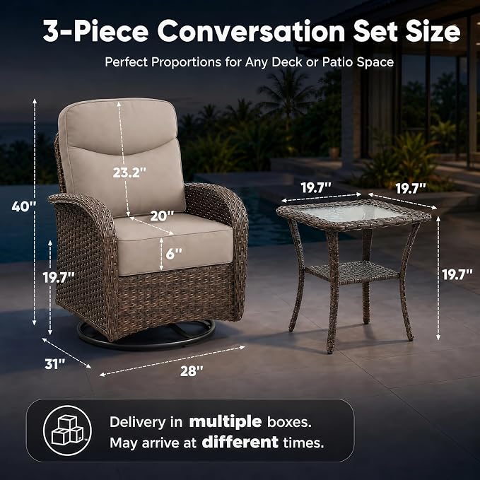HUMMUH 3-Piece Outdoor Wicker Swivel Rocker Patio Set, High Back | 6 in Olefin seat and back cushions, PE rattan, steel frames, 350 lb chair capacity, for deck, yard, and poolside