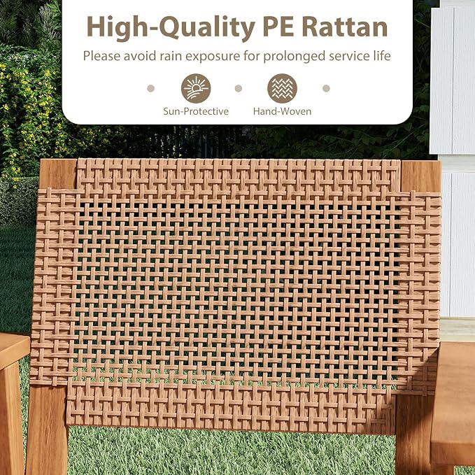 Tangkula 5 Pieces Acacia Wood Outdoor Dining Set, Outdoor Wood Table and Rattan Chairs for 4, Patio Dining Sets for Balcony Poolside Garden Backyard