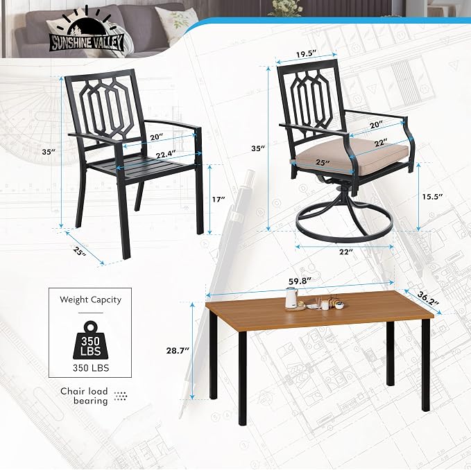 SUNSHINE VALLEY Patio Dining Set,Wood-Like Metal Table w/Umbrella Hole | 60x36 Table&6 Pcs Rust-Proof Stackable Chairs, Outdoor Table and Chairs Set for Backyard Garden Deck
