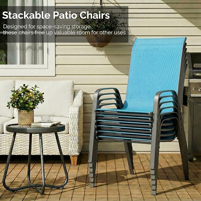 MAMIZO 7 Pieces Patio Dining Set for 6, Outdoor Table and Chairs w/Rectangle Glass Table and 6 Textilene Stackable Chairs, Patio Furniture Set w/1.69" Umbrella Hole (Black Table & Sky Blue Chair)