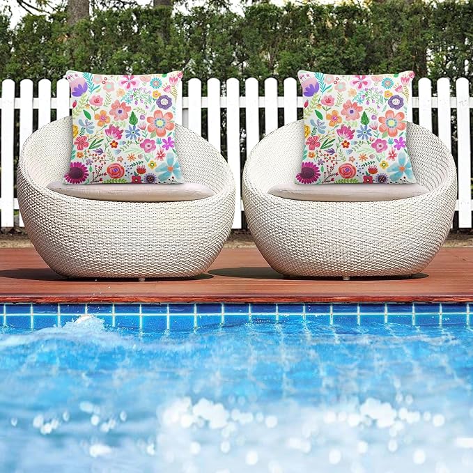 Flower Summer Outdoor Waterproof Throw Pillow Covers 18 x 18 Inch Set of 2, Floral Pink Pillowcase Square Cushion Case, Farmhouse Garden Decorative Pillows for Couch Beach Patio