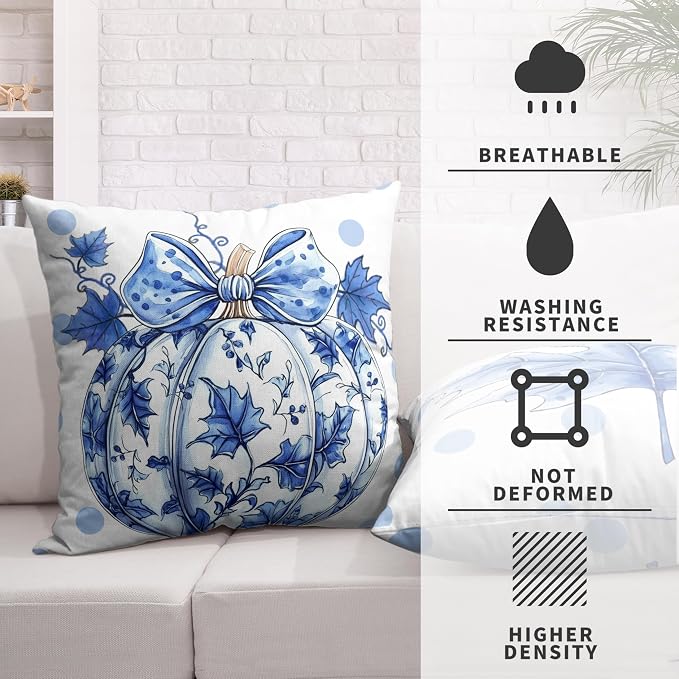 Fall Pillow Covers Blue and White Porcelain Maple Leaf Pumpkin Throw Pillow Covers 24x24 Set of 2 Autumn Blue Polka Dot Pillowcase Thanksgiving Cushion Case for Couch Sofa