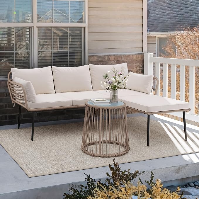 YITAHOME 3 Piece Patio Furniture Set Wicker Patio Sectional with Detachable Cushions and Coffee Table Outdoor Furniture Set L-Shaped Sectional Conversation Sofa Set for Backyard Porch Balcony - Beige