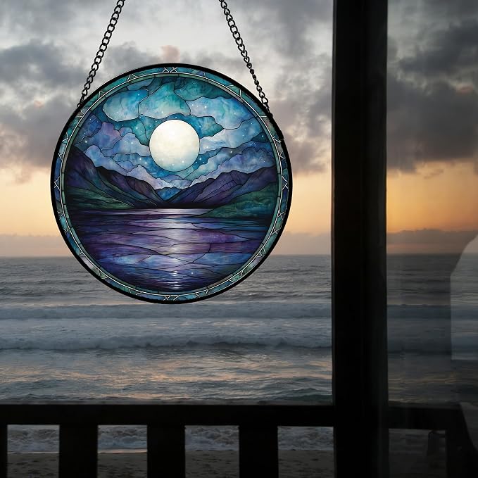 DASTOLL Stained Glass Window Hanging, Blue Night Moon Lake Sun Catchers Colorful Glass Panel Landscape Suncatcher Decor for Birthday for Women, Men, Wife, Aunt, and Mom 9.8 in