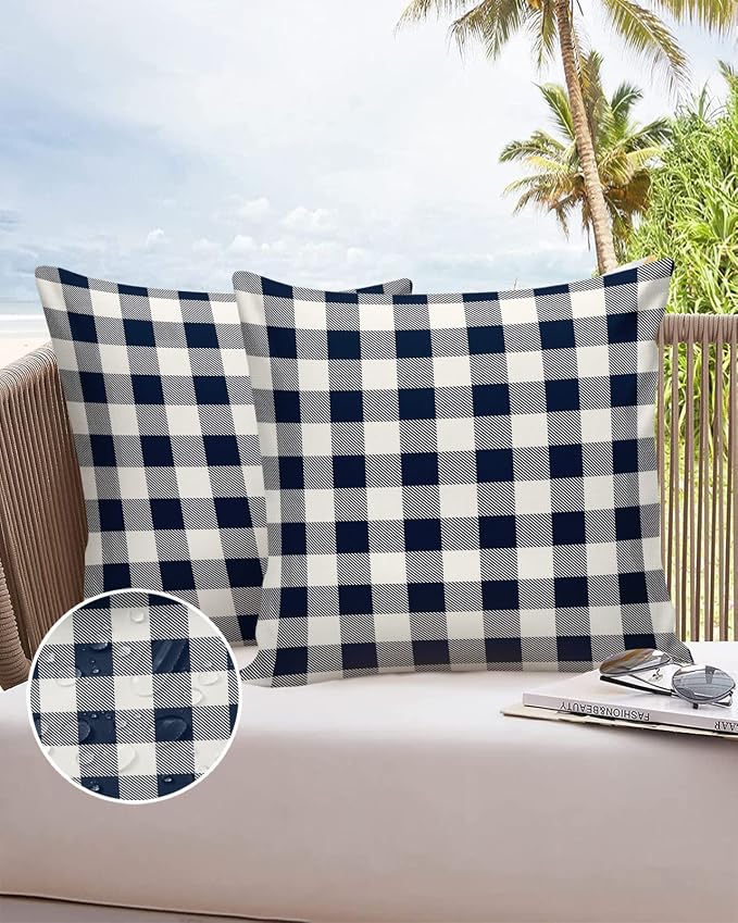 Outdoor Waterproof Throw Pillow Covers Set of 2 Buffalo Plaid Dark Blue Check Pillowcases 20x20 Inches Farmhouse Style Patio Decorative Pillows Cushion Case Patio Pillows for Couch Bed Chair Garden