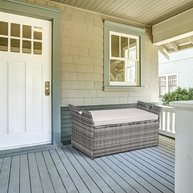 VINGLI 40 Gallon Wicker Storage Bench, Patio Cushion Storage Box with Side Handles, Rattan Deck Box for Garden Tools, Cushions, Outdoor Patio Deck Box for Garden, Poolside, Grey