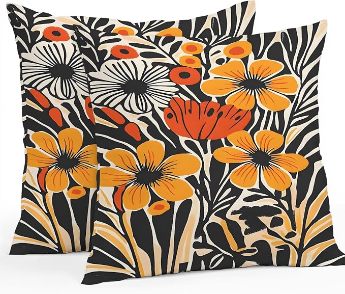 Orange Yellow Black Botanical Outdoor Pillow Covers 16x16 Inch Throw Pillow Covers Set of 2 Waterproof Decorative Pillow Cases Modernism Spring Floral Cushion Covers for Patio Furniture Garden Couch